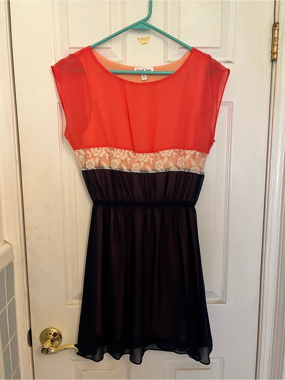 Emerald Sundae Coral & Black Chiffon Mini Dress with Cream Lace Waist